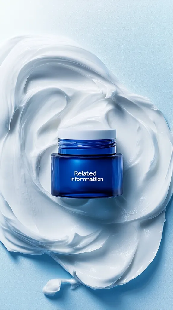 A small, dark blue jar of cream sits nestled in a generous swirl of white cream against a light blue background. The jar is labeled "Related information," suggesting it might be a product sample or promotional item. The image's clean aesthetic emphasizes the texture of the cream, creating a visually appealing and potentially luxurious feel, suitable for beauty or skincare advertising.