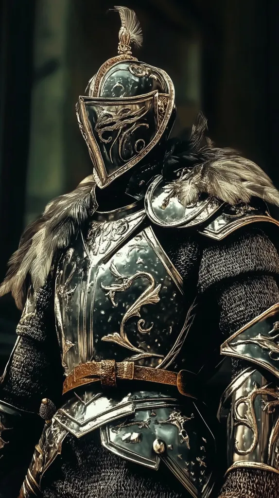 The image shows a knight in ornate, dark armor with gold detailing. The helmet is closed, featuring intricate designs.  A dark fur or feather collar frames the neck, adding a touch of wildness to the otherwise polished armor. The armor’s surface appears reflective, hinting at a metallic sheen. Gold accents on the chest plate, pauldrons, and gauntlets create a striking contrast against the dark metal.  The knight’s sword is partially visible, adding to the overall sense of power and authority. The background is blurred, keeping the focus entirely on the knight's impressive attire.