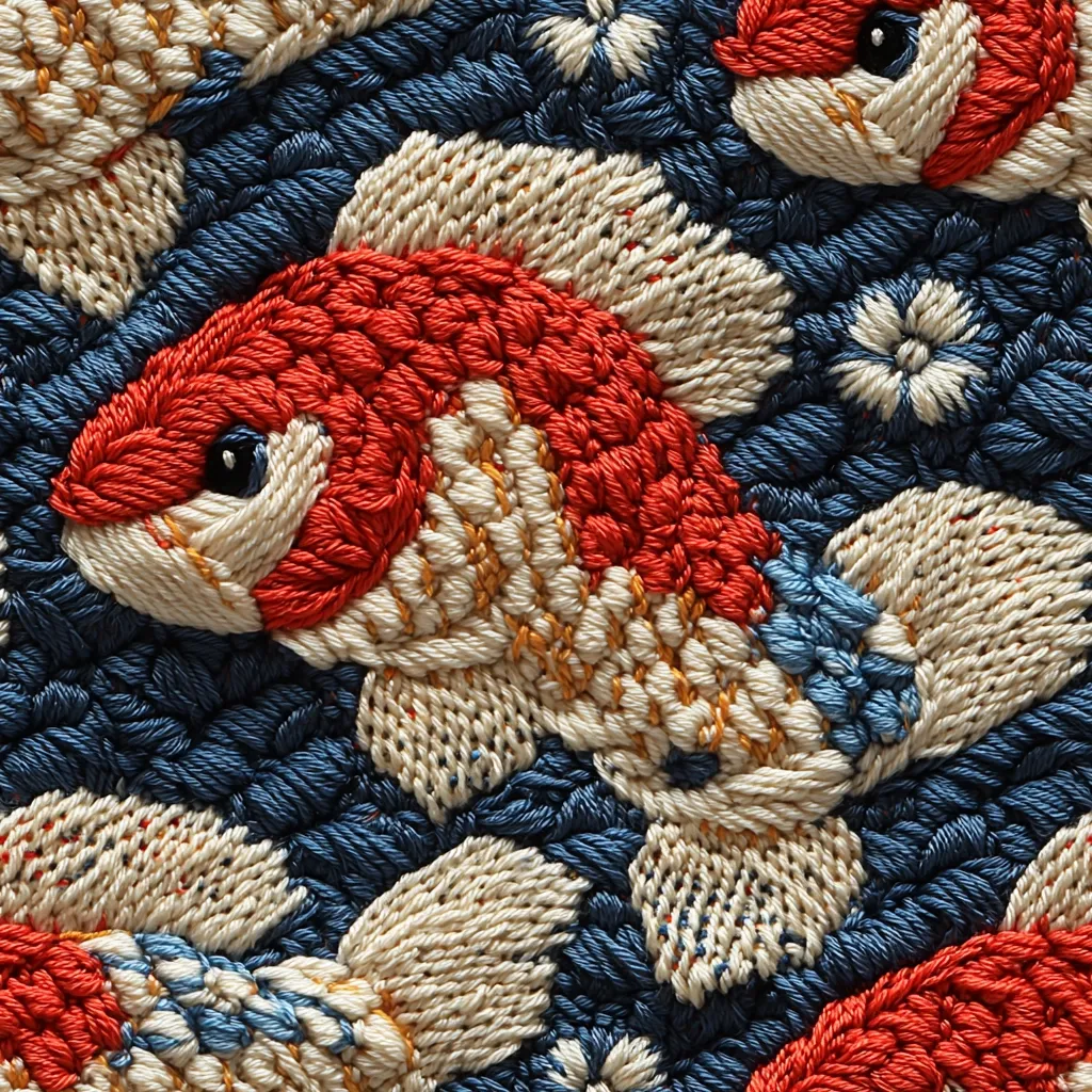 This close-up image showcases a meticulously detailed textile artwork.  The piece is densely embroidered, depicting numerous koi fish swimming amidst stylized floral elements. The fish are rendered in shades of red, orange, and cream, contrasting against a deep blue background.  The texture of the embroidery is prominent, showing the individual stitches and creating a three-dimensional effect.  The overall style suggests a blend of traditional and contemporary textile arts.