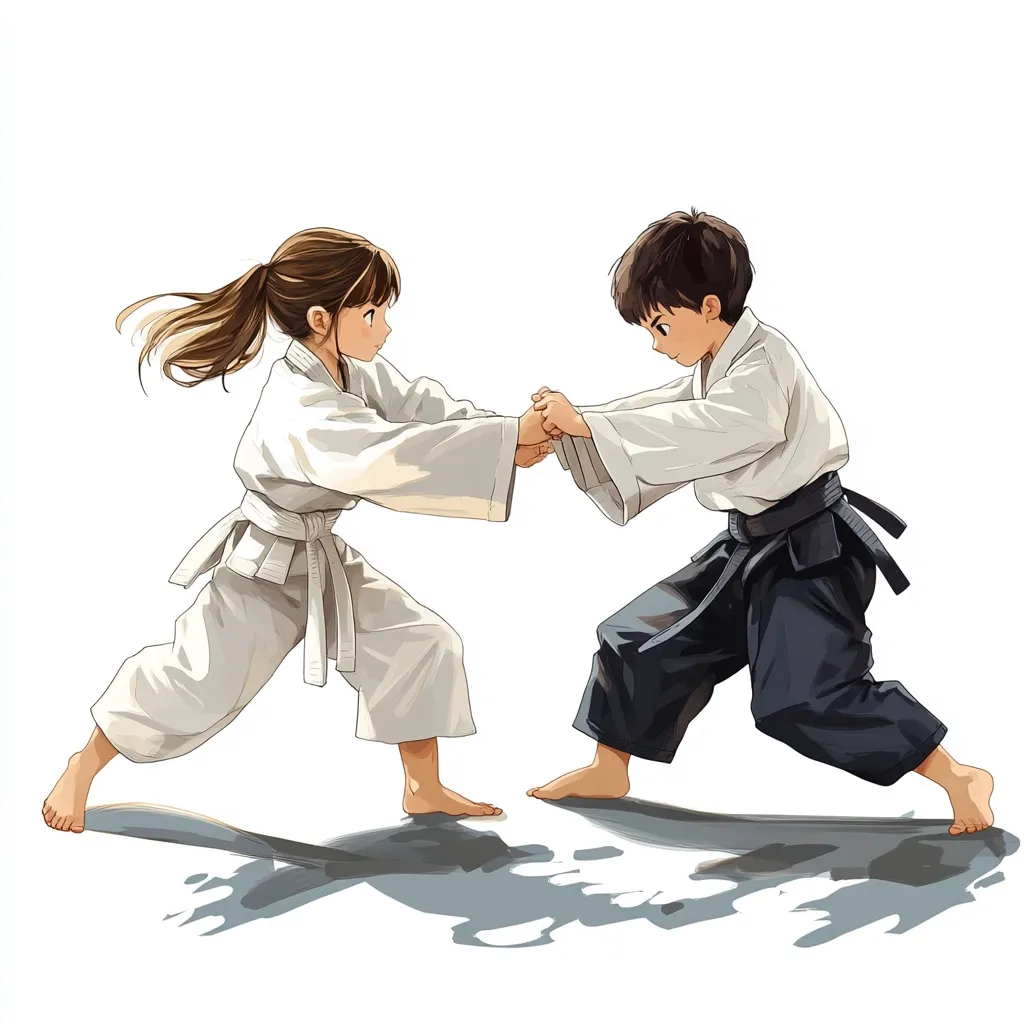 The illustration depicts two young children, a girl and a boy, engaged in Aikido practice.  The girl, wearing a white gi, and the boy, in a black Hakama, are shown in a dynamic pose, their hands clasped together.  Their expressions are focused and serious, reflecting concentration on the martial art.  The style is anime-inspired, with soft lines and a delicate rendering of their movements against a plain white background.  The subtle shadows beneath them add depth.