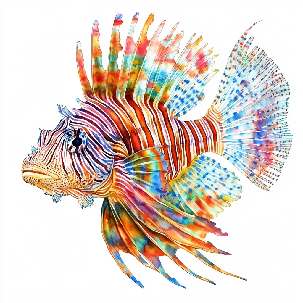 A vibrant watercolor painting depicts a lionfish, its body a kaleidoscope of orange, red, purple, blue, and yellow stripes.  Intricate details showcase the fish's spiny fins, which radiate outward in a dramatic display.  The artist's skill is evident in the nuanced color blending and the realistic portrayal of the fish's texture and form, set against a stark white background. The lionfish's expression is alert and captivating.
