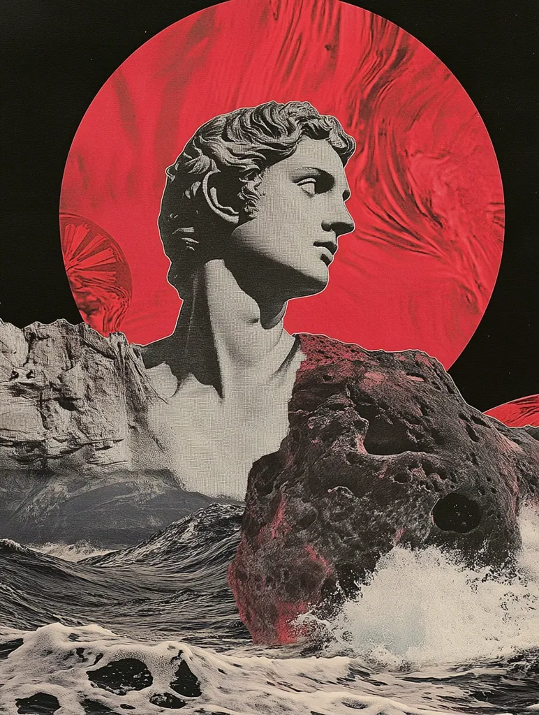 A surreal collage features a classical bust of a young man, seemingly carved from stone, set against a vibrant red, swirling celestial backdrop. The bust is partially obscured by dark, craggy rocks and turbulent ocean waves, creating a sense of dramatic contrast between the serenity of the sculpture and the raw power of nature. The red circle suggests a sun or planet, adding to the image's otherworldly atmosphere. The overall aesthetic is dark, moody, and evocative.