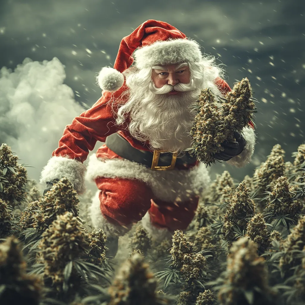 A digitally altered image depicts Santa Claus, in a classic red suit, crouching amidst a dense field of cannabis plants. He holds a large bud in his gloved hand.  A snowy, stormy backdrop adds to the surreal, almost whimsical, effect. The overall tone is humorous and slightly edgy, contrasting the traditional image of Santa with a modern, cannabis-related theme. The image is sharply focused, with good contrast and atmospheric effects.