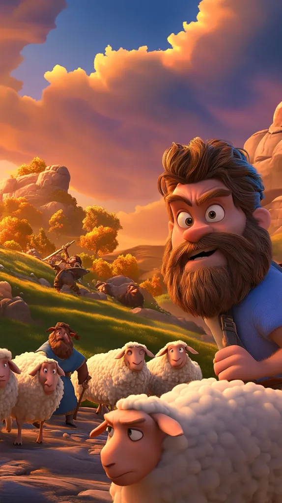 Here's a description of the image:

The image is a vibrant, stylized animation still, likely from a film or game. A large, jovial shepherd with a bushy beard dominates the foreground, looking directly at the viewer. He guides a flock of fluffy white sheep along a path, set against a backdrop of a picturesque, sunset-lit landscape.  In the distance, other smaller characters, appearing to be shepherds or similar, are visible against the rocky terrain and autumnal trees. The overall style is lighthearted and whimsical, with a focus on the expressive faces of both the shepherd and his sheep. The warm colors and soft lighting create a calm, pastoral scene.