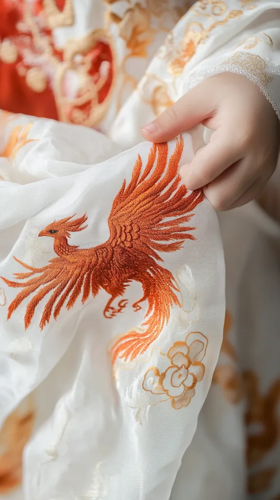 Close-up view of a hand gently holding a piece of off-white, sheer fabric delicately embroidered with an orange phoenix.  The phoenix is intricately detailed, and the fabric also features smaller, lighter orange floral embroidery. The overall aesthetic is elegant and subtly hints at traditional Asian design. The hand appears to be that of a child or young person.  The background is blurred but shows more of the same embroidered fabric in different shades of orange and gold.
