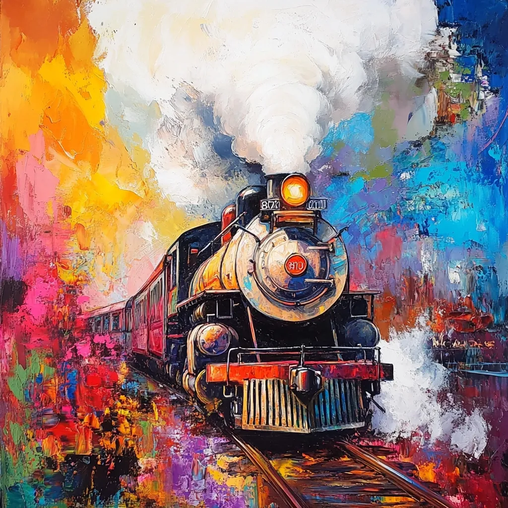 Here's a description of the image:

The painting is a vibrant, expressionistic depiction of a steam locomotive in motion.  The train, rendered in a somewhat realistic style, is the central focus, its details crisp against the highly textured, abstract background. The background bursts with a chaotic mix of bright colors—yellows, oranges, blues, purples, and pinks—creating a dynamic and energetic atmosphere.  Thick, impasto brushstrokes add depth and movement, particularly in the steam billowing from the locomotive's stack. The overall impression is one of powerful motion and nostalgic romance, reminiscent of a bygone era of steam travel.