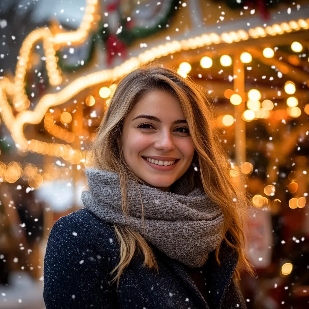 A young woman with long, light brown hair smiles warmly at the camera.  She's bundled in a cozy gray scarf and dark coat, standing before a softly blurred background of a brightly lit Christmas market, snow gently falling around her. The warm glow of the market lights contrasts beautifully with the cool winter scene, creating a festive and enchanting atmosphere. Her happy expression embodies the spirit of the season.