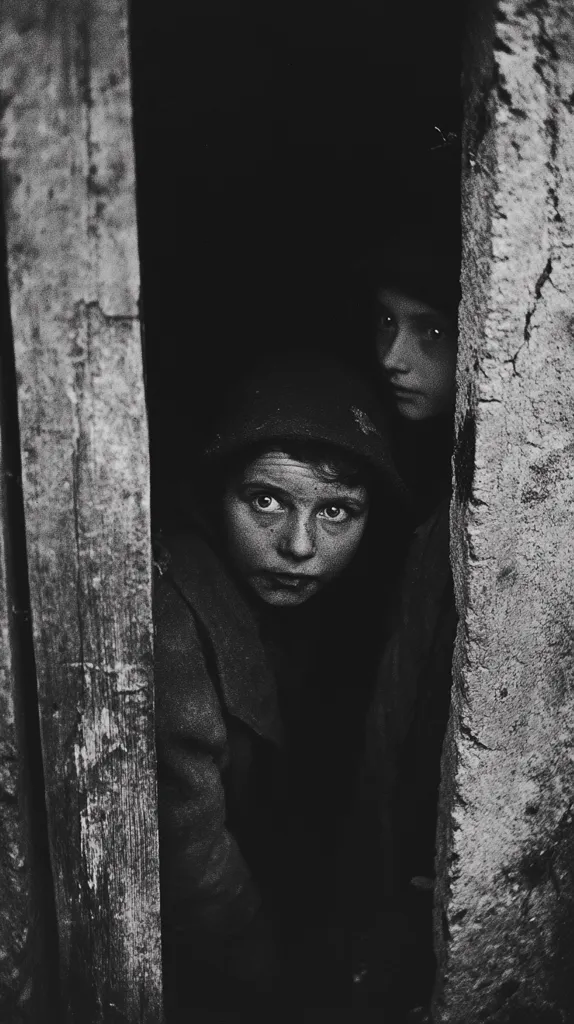 Here is a description of the image:

The black and white photograph shows two children peering from behind weathered, decaying wooden planks. The child in the foreground is slightly more visible, their face partially obscured by a hooded garment. Their expression is one of apprehension or wariness.  The second child is seen in shadow behind the first, their face less clear. The overall mood is somber and evokes a sense of poverty or hardship. The darkness and the children's expressions suggest a hidden or secretive situation.