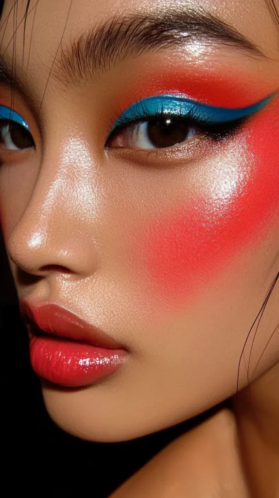 Close-up of a woman's face showcasing vibrant makeup.  Her eyes feature a bold orange eyeshadow with a striking turquoise winged eyeliner.  Bright coral blush is applied high on her cheekbones, complementing her glossy coral lipstick. The overall effect is a dramatic, contemporary beauty look, emphasizing contrasting warm and cool tones.  Her skin appears smooth and luminous.