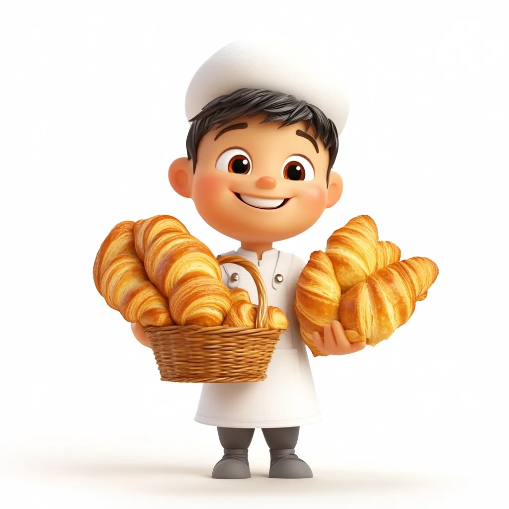 A cheerful 3D-rendered cartoon baker boy, wearing a white chef's hat and uniform, proudly presents a basket of golden-brown croissants and holds two more.  His joyful expression and the warm tones of the pastries create a friendly and inviting image, suggesting freshness and deliciousness. The white background emphasizes the subject, making it visually appealing.