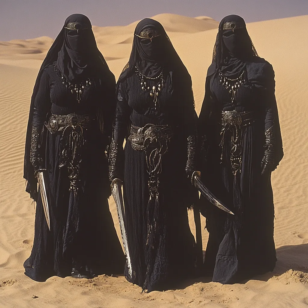 Three women stand in a desert landscape, their figures stark against the sand dunes.  They are dressed identically in floor-length black robes, concealing their faces except for ornate headbands.  Each carries a curved, silver dagger at their side.  Their attire features intricate, dark metallic embellishments at the waist and neck, suggesting a regal or warrior-like status. The overall image is one of mystery and power.