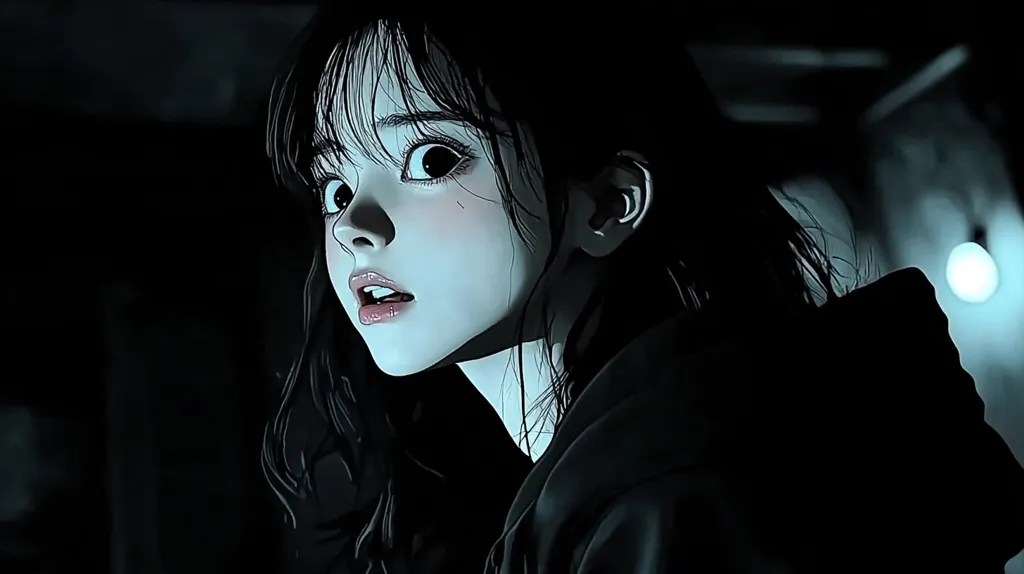 Here's a description of the image:

The image is a stylized digital illustration or animation featuring a young woman with dark hair.  She appears startled or frightened, her mouth slightly open in an expression of fear. Her large eyes are wide, and her face is pale, almost ghostly, against the dark background. The setting is dimly lit, suggesting a nighttime or shadowy environment.  The style is reminiscent of anime or manga, with a focus on dramatic lighting and expressive features. The overall mood is one of suspense and unease.