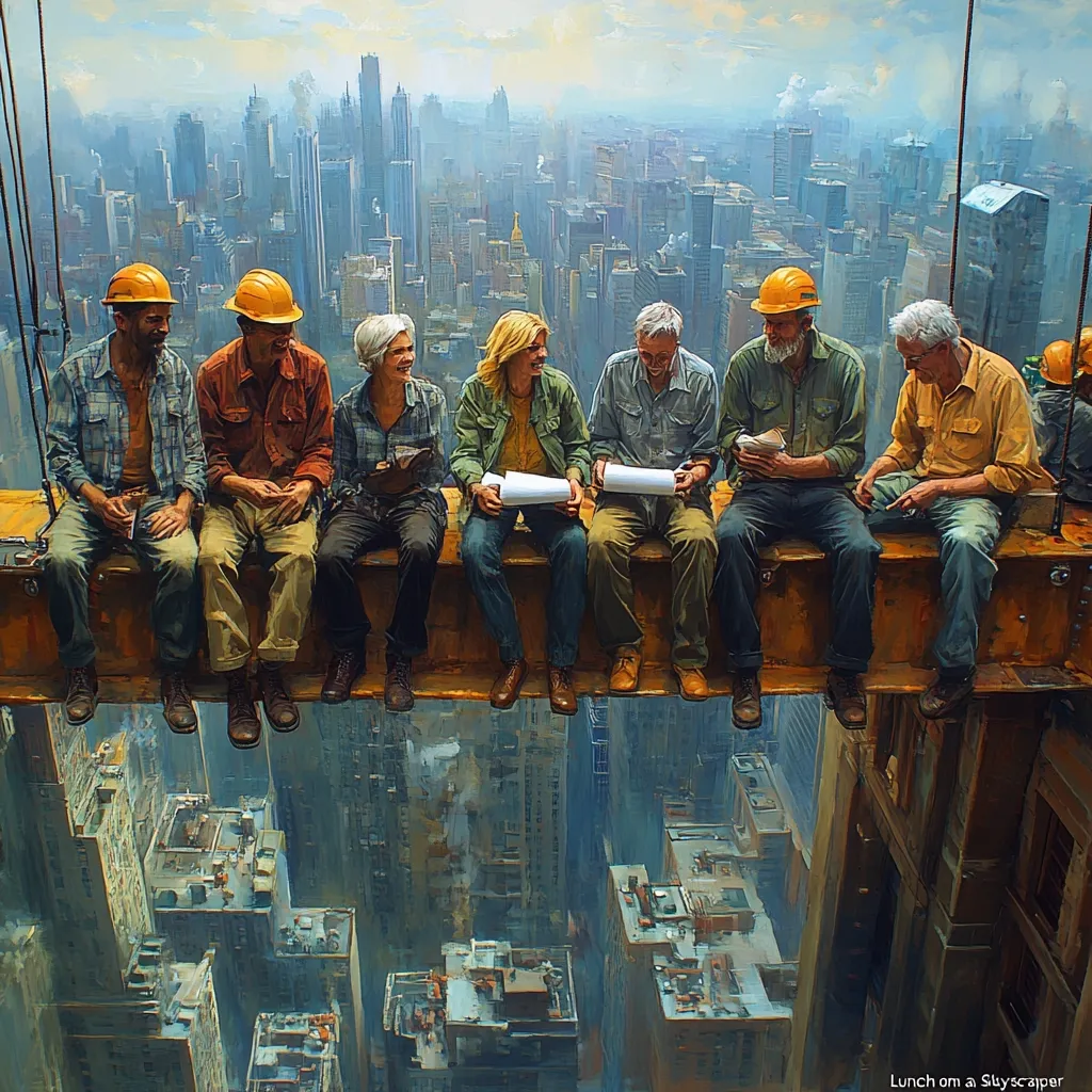 Here's a description of the image:

The painting "Lunch on a Skyscraper" depicts six construction workers, three men and three women, perched on a high-beam girder during their lunch break. They are wearing hard hats and work clothes, casually eating and reviewing papers, seemingly unfazed by their precarious height.  Below them stretches a vast cityscape of numerous skyscrapers.  The scene is painted in a realistic style, capturing the details of both the workers and the sprawling city. The overall mood is one of camaraderie and quiet contemplation amid a breathtaking, urban vista.