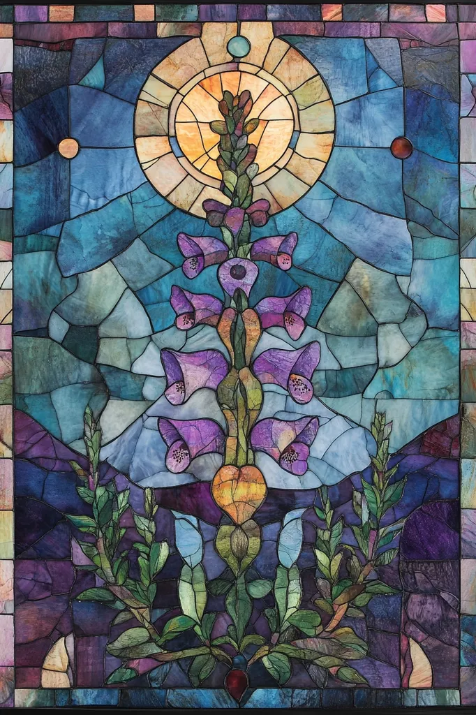 This artwork is a stylized depiction of a flowering plant, possibly foxglove, rendered in a stained-glass style.  Vibrant purples and blues dominate the color palette, with the flower’s blossoms forming a central focal point against a backdrop suggestive of a mountainous landscape.  A large, sun-like circle behind the plant adds a celestial element, while the overall composition features a rich array of textured glass pieces, simulating the look of traditional stained glass.  The piece evokes a sense of both natural beauty and spiritual symbolism.