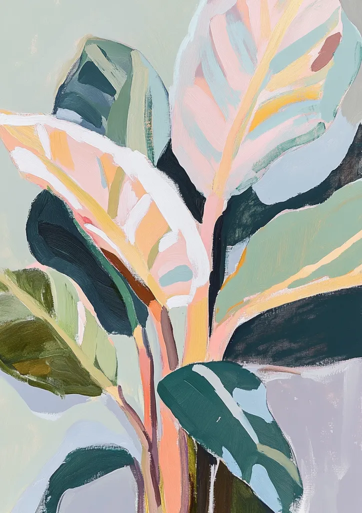 This abstract painting depicts a stylized plant, possibly a Calathea or similar broad-leaved variety.  The artist uses bold, visible brushstrokes in a loose, expressive style.  The color palette is predominantly pastel, with soft pinks, peaches, and greens contrasting against deeper teal and muted gray-greens. The leaves are rendered with simplified forms, emphasizing texture and color interplay rather than photorealistic detail.  The overall impression is one of vibrant, relaxed energy and organic beauty.
