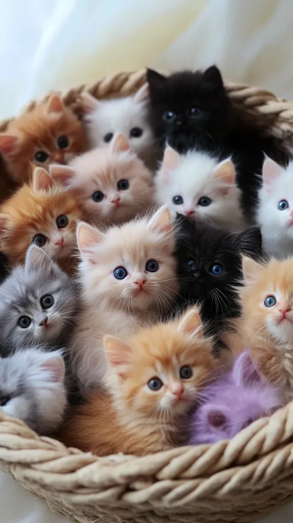 A wicker basket overflows with a multitude of adorable kittens.  Various colors are represented, including orange, cream, white, grey, and black.  Their big, bright eyes and fluffy fur make them irresistibly cute.  The kittens are huddled together, creating a charming and heartwarming scene.  The basket is light beige, providing a neutral backdrop for the colorful felines.