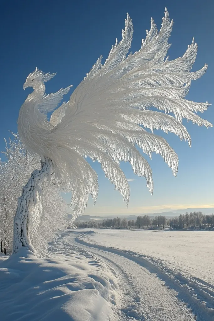 A breathtaking winter scene unfolds, showcasing a tree transformed into a majestic ice phoenix.  Its crystalline wings, formed by rime ice, spread wide against a brilliant blue sky. The snowy landscape stretches into the distance, a winding path leading the eye toward a line of frosted trees.  The contrast between the intricate ice sculpture and the serene, snow-covered ground creates a magical, almost surreal atmosphere.