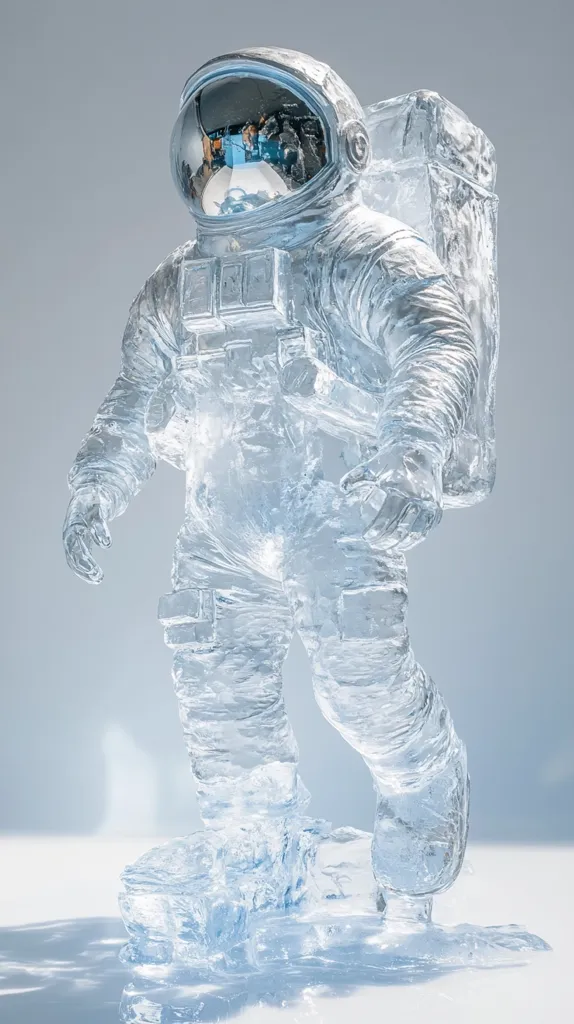 A translucent ice sculpture depicts an astronaut in a spacesuit.  The figure is frozen in a walking pose, with details of the suit visible through the icy material. The astronaut's helmet reflects a blurry interior scene. The base of the sculpture is a chunk of ice, suggesting a frozen moment in time or a frozen journey through space.  The overall effect is one of fragility and beauty, emphasizing the vulnerability of the human explorer in the vastness of space.