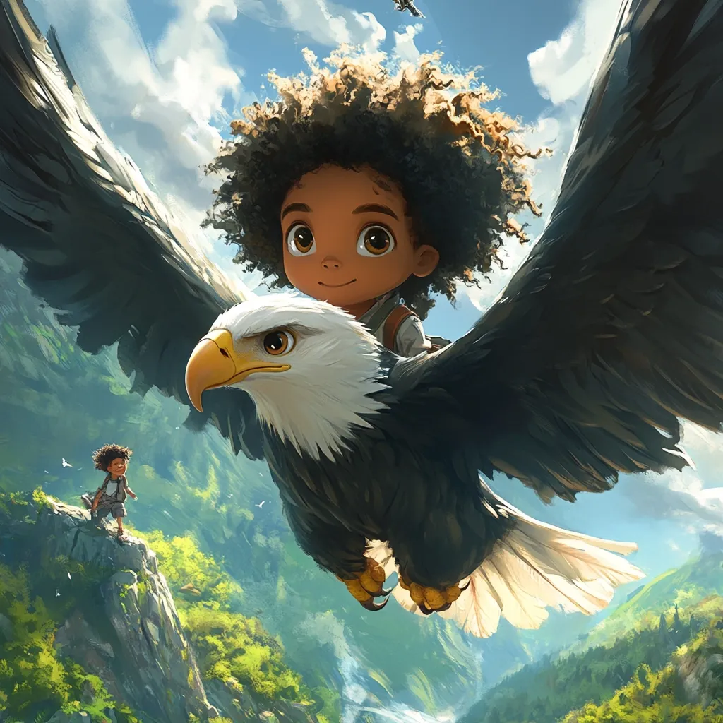 A stylized illustration depicts a young girl with dark brown, curly hair riding a majestic bald eagle soaring through a vibrant, mountainous landscape.  The girl, with large, expressive eyes, sits comfortably on the eagle's back. Another smaller child is visible in the distance on a rocky outcrop.  The scene evokes a sense of fantasy and adventure, with a painted style that blends realism with cartoonish features.  The sky is partly cloudy, adding depth to the breathtaking view below.