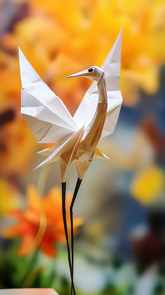 Here's a description of the image:

Close-up view of an intricately folded origami crane. The crane is predominantly white, with delicate folds creating a realistic representation of a bird's feathers and body.  Its long, thin, black legs stand upright, and its head is slightly tilted. The background is blurred, showcasing warm, autumnal colors—predominantly oranges and yellows—suggesting a natural, possibly outdoor setting. The contrast between the sharp lines of the origami and the soft bokeh of the background creates a visually striking image. The overall effect is one of elegance and artistic skill.