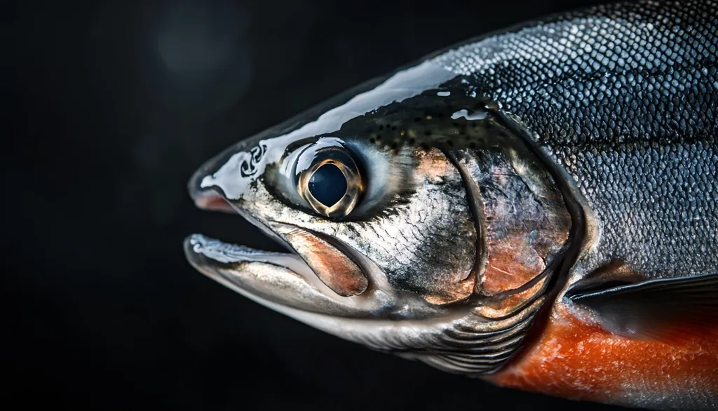 Close-up of a fish's head, possibly a salmon or trout species. The image showcases intricate details:  the scales, the eye's reflective surface, and the subtle color variations along its jaw and gill plates.  The fish's skin is dark, with hints of orange and silver. The background is a blurred dark tone, emphasizing the fish as the central focus. The photograph offers a striking display of the fish’s texture and form.