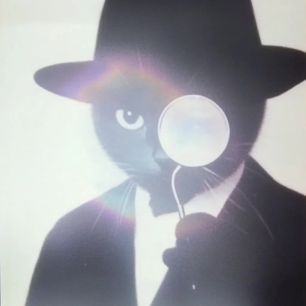 Here's a description of the image:

The image shows a stylized depiction of a black cat dressed in a dark suit and fedora hat.  The cat holds a monocle to its eye, conveying a sophisticated, possibly detective-like persona.  The overall aesthetic is somewhat vintage or noir, enhanced by a soft, hazy filter or lens flare that adds a dreamy, ethereal quality. The focus is primarily on the cat's face and the monocle, while the background is blurred and indistinct. The cat’s expression is serious and slightly mysterious.