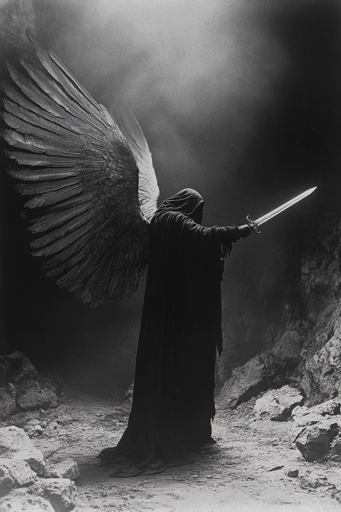 Here's a description of the image:

A monochromatic photograph captures a solitary figure, cloaked and hooded, standing amidst a rocky, desolate landscape.  Large, dark wings, reminiscent of an angel's, extend from the figure's back. The figure holds a sword aloft, its silhouette stark against the dimly lit, misty background. The overall mood is dark, mysterious, and evocative of a fallen angel or a powerful, somber being. The contrast between light and shadow emphasizes the figure's imposing presence within the desolate environment.