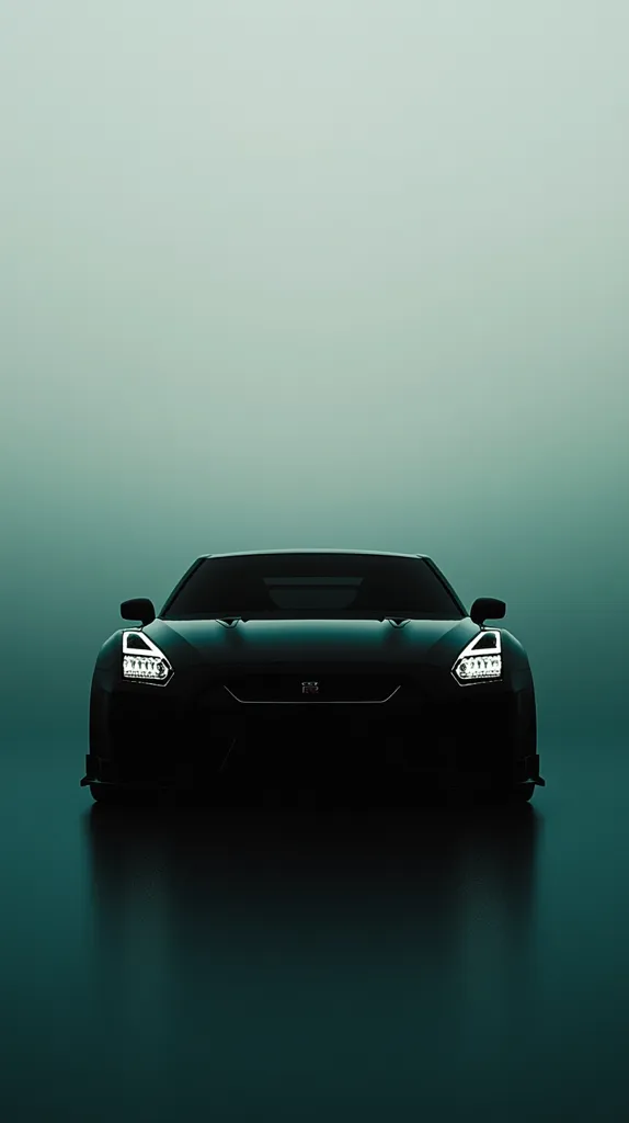 Here's a description of the image:

The image showcases a sleek, dark-colored sports car, possibly a Nissan GT-R, positioned centrally against a muted teal backdrop. The car's headlights are subtly illuminated, creating a dramatic contrast against the shadowy silhouette of the vehicle.  The car appears to be in a dimly lit environment, reflecting faintly on a dark, glossy surface below. The overall mood is one of mystery and sophistication, emphasizing the car's powerful form.  The minimalist background draws all attention to the car itself.