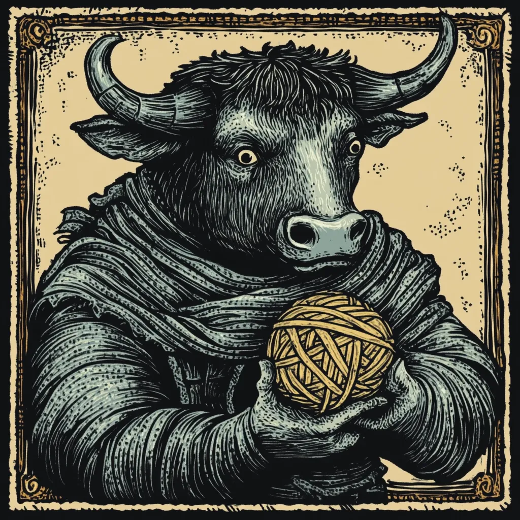 Here's a description of the image:

The image is a stylized illustration, possibly a woodcut or linocut print, featuring a minotaur-like creature.  The creature has the head and horns of a bull but the body of a human, clad in a dark, textured robe.  Its expression is somewhat melancholic. It holds a large ball of tangled yellow yarn or twine in its hands. The illustration is framed with an ornate, antique-style border on a pale beige background. The overall style evokes a vintage, possibly mythological or folkloric, aesthetic.  The color palette is muted, predominantly dark blues and greys with accents of beige and yellow.