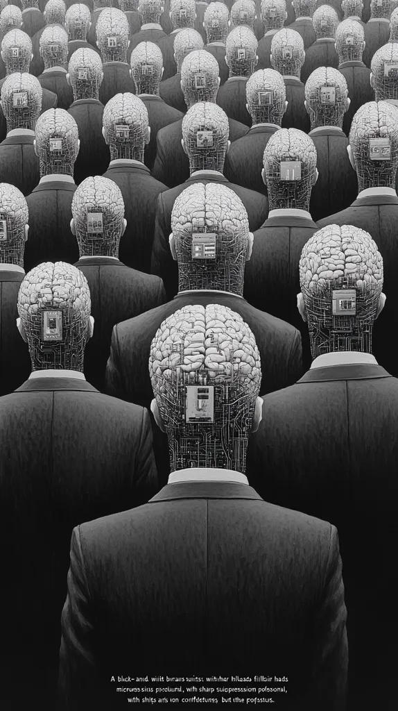 Here's a description of the image:

The monochromatic image depicts a multitude of men, identically dressed in dark suits, standing shoulder-to-shoulder. Their backs are to the viewer, revealing detailed, circuit-board-like brains beneath their scalp. The brains are intricately designed, suggesting a blend of organic and technological elements. The overall effect is one of a uniform, possibly robotic, mass, highlighting a theme of conformity or technological control.  A caption at the bottom features seemingly nonsensical text, adding to the surreal and unsettling atmosphere.