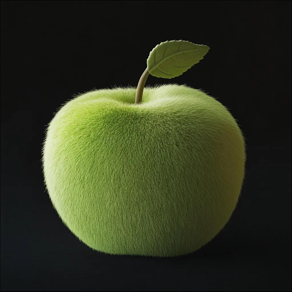 Here's a description of the image:

The image shows a digitally rendered green apple covered entirely in a soft, light green fur or fuzz.  A single, small, dark green leaf sits atop a slender stem emerging from the apple's top. The apple is perfectly round and sits centrally against a stark black background, creating high contrast and highlighting the texture of the unusual fruit. The lighting is subtle, emphasizing the softness of the fur and the smoothness of the stem and leaf. The overall effect is surreal and slightly whimsical.