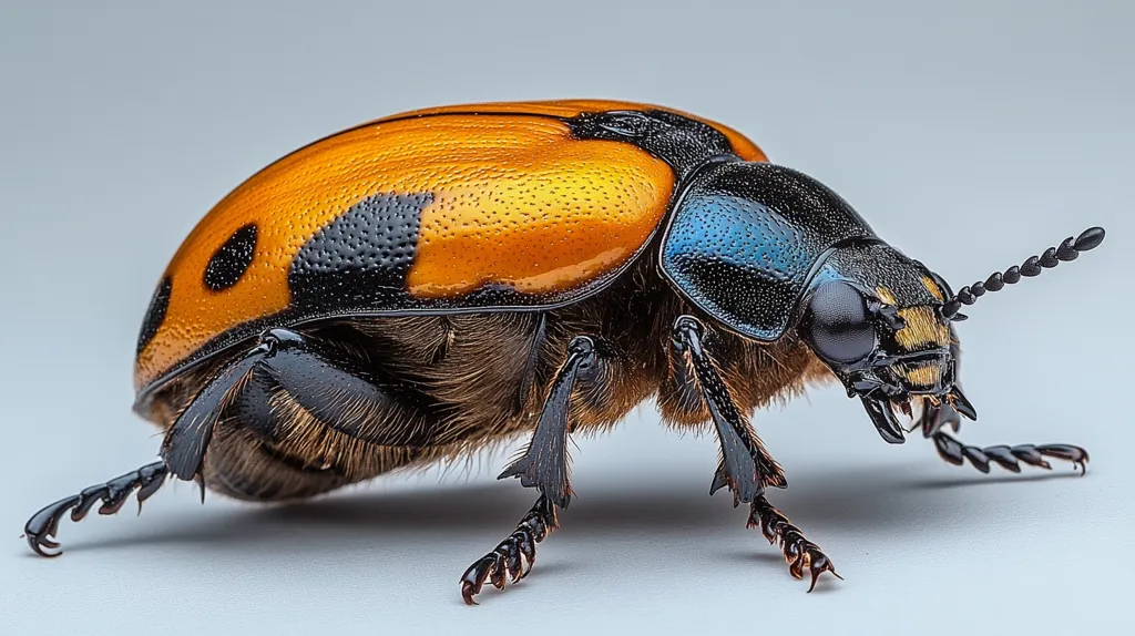 Here's a description of the image:

Close-up view of a striking beetle. Its elytra (wing covers) are a vibrant orange with distinctive black markings. The body is primarily black and dark brown, with hints of blue on the pronotum (the section behind the head).  The beetle is covered in fine hairs, giving it a velvety texture.  Its legs are long and slender, ending in sharp claws.  The antennae are long and segmented, and its head features prominent eyes. The beetle is sharply focused against a plain light grey background.  The image showcases the insect's intricate details and vibrant colors.