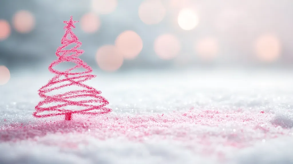 A delicate pink Christmas tree, seemingly drawn in crayon or chalk, stands in a snowy landscape.  The tree is simple yet elegant, its lines slightly imperfect, adding to its charm. The background is softly blurred, showcasing a bokeh effect of pale pinks and grays, suggestive of twinkling lights and a wintery ambiance.  A light dusting of pink powder surrounds the base of the tree, enhancing the festive feel.  The overall image is serene and evokes a sense of gentle holiday cheer.