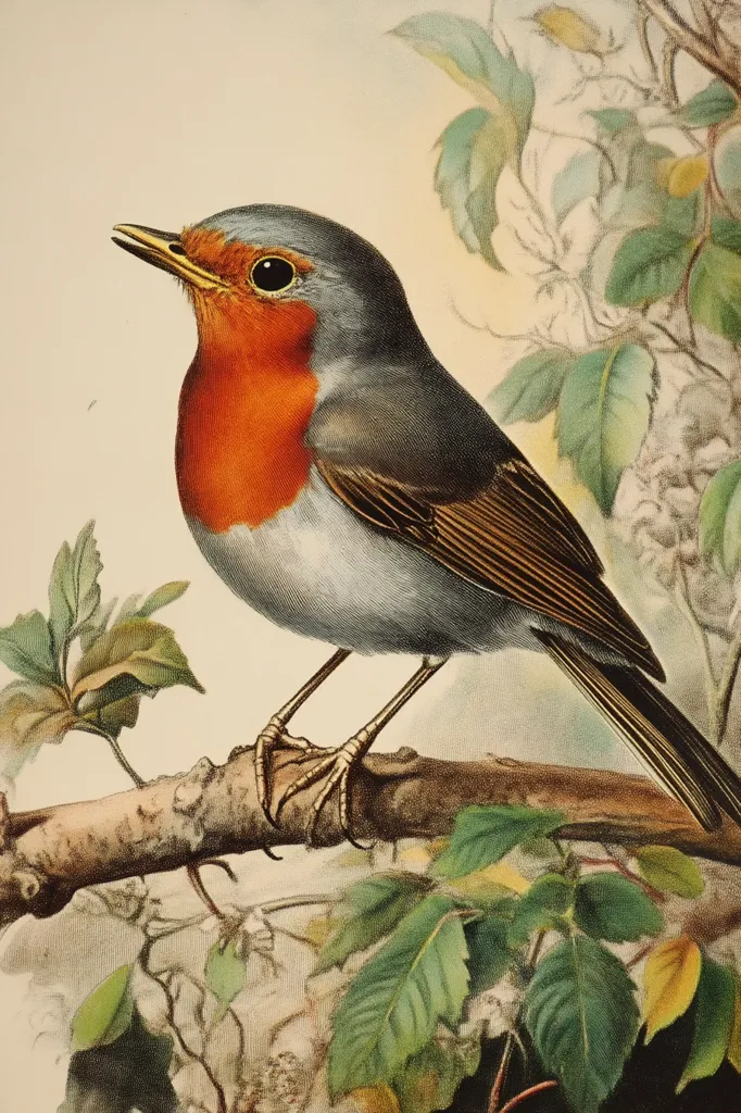 Here's a description of the image:

A detailed, avian illustration showcases a European Robin perched on a branch. Its plumage is vividly depicted: a bright orange breast contrasts with a grey-blue back and wings, accented by subtle brown tones on its feathers. The bird's small, sharp beak is slightly open, and its feet firmly grip the branch.  The background features a softly rendered wash of greens and browns, suggesting leaves and a blurred natural setting, creating a delicate balance between the sharp detail of the bird and the softer background.  The overall style suggests a vintage or antique ornithological print.