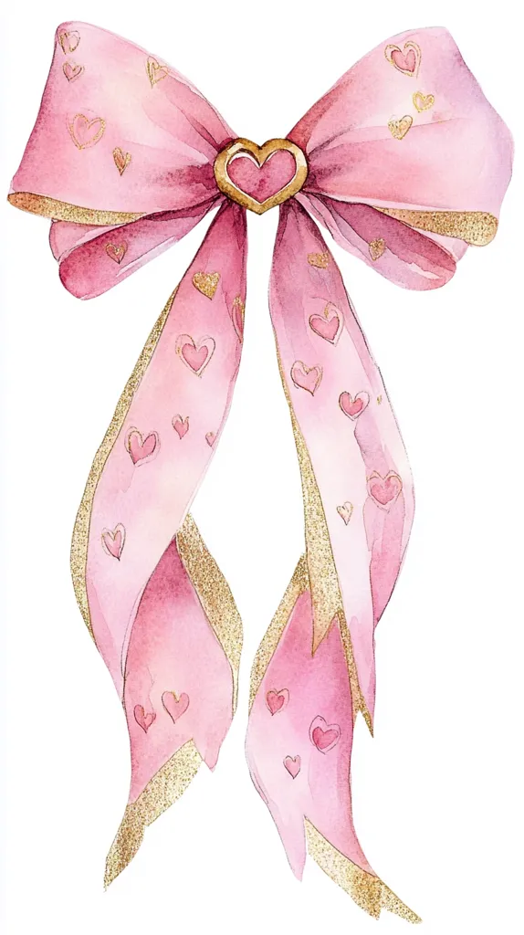 Here's a description of the image:

The image is a watercolor painting of a large, pink bow. The bow is tied with long, flowing ribbons that trail downwards.  The ribbons are adorned with small, scattered pink hearts and outlined with a delicate gold glitter.  A gold heart-shaped clasp is positioned in the center where the bow is tied. The overall style is romantic and whimsical, with a soft, delicate color palette.  The background is plain white, making the bow the clear focal point.