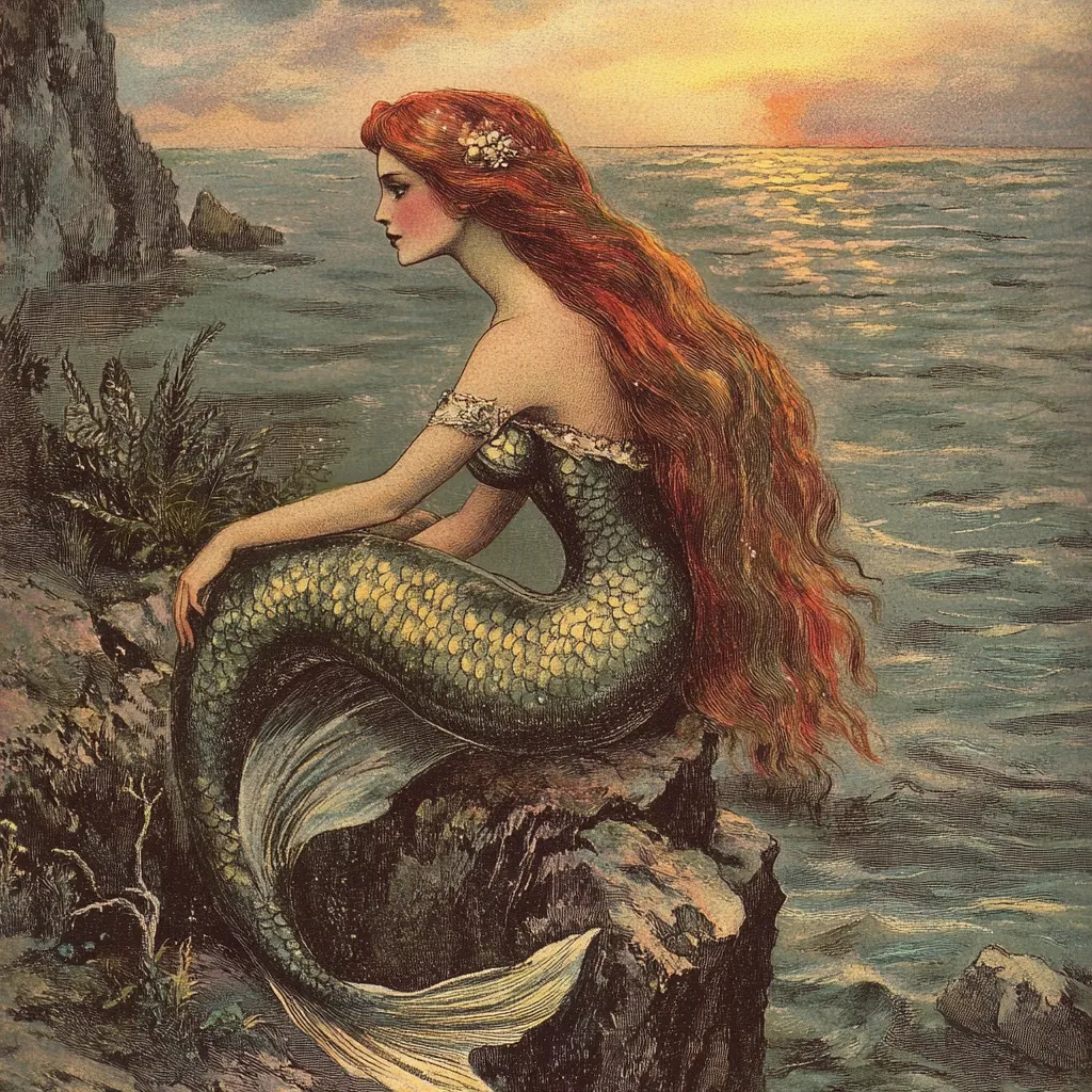 Here's a description of the image:

The illustration depicts a serene mermaid with long, flowing auburn hair adorned with white flowers. She sits pensively on a dark, rocky outcrop overlooking a calm sea at sunset. Her mermaid tail is a shimmering, scaled green, contrasting with her fair skin and elegant, off-the-shoulder top. The overall style suggests a vintage illustration, possibly from a children's book or antique print, with soft yet detailed brushstrokes and a romantic, nostalgic atmosphere. The background features a rocky shoreline and the tranquil ocean reflecting the warm sunset hues.