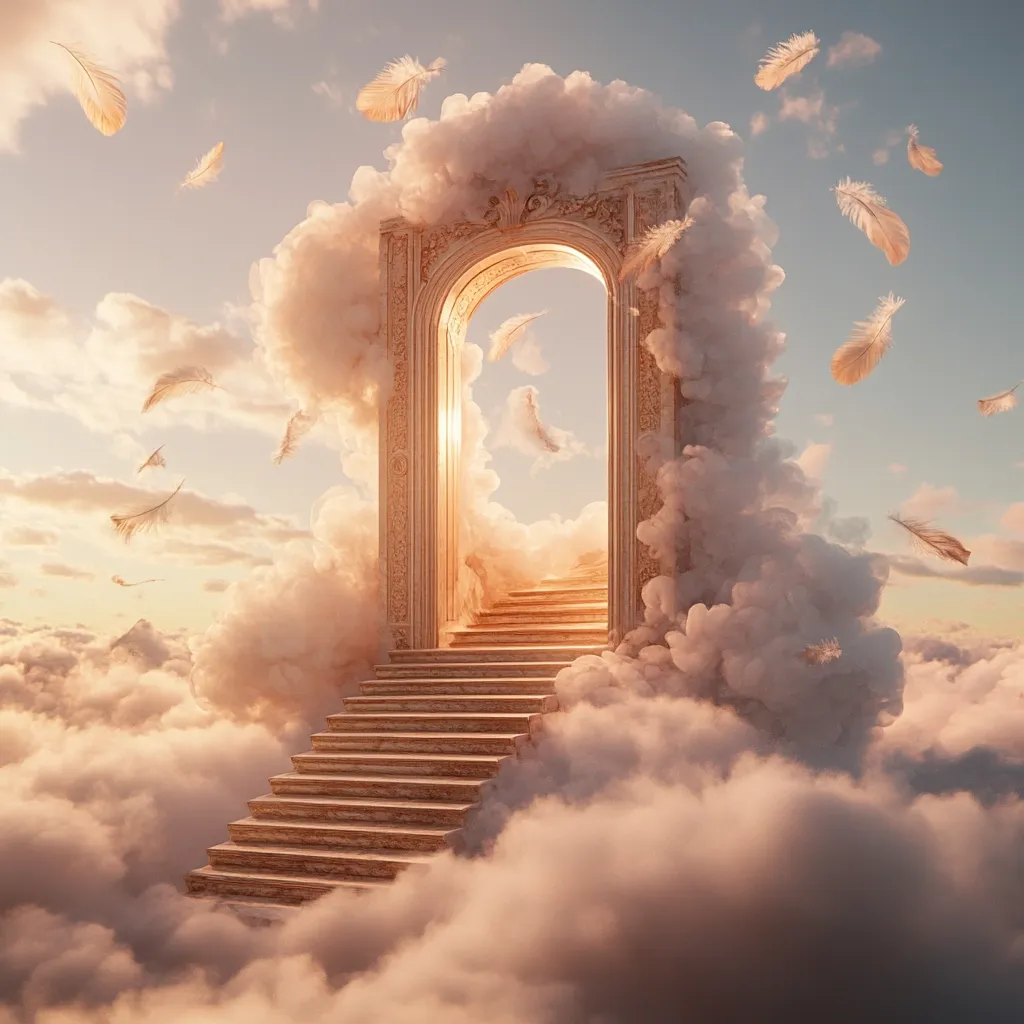 Here's a description of the image:

The image depicts a surreal and ethereal scene. A majestic, ornate archway, resembling a gateway to another realm, is nestled within a fluffy, pale pink cloud formation. A staircase of light stone leads up to the archway, disappearing into a bright light within.  Numerous white feathers drift gently through the air, adding to the dreamlike quality. The entire scene is bathed in a soft, warm light, suggesting a serene and heavenly atmosphere above a sea of clouds. The overall effect is one of peace, tranquility, and otherworldly beauty.