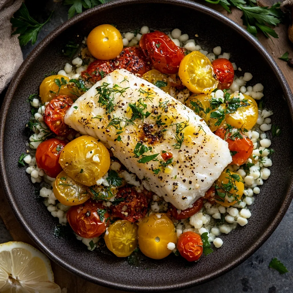 Here's a description of the image:

A dark-colored bowl holds a delectable dish: a generous portion of pan-seared cod, its surface speckled with herbs and seasoning.  The cod rests atop a bed of creamy couscous, interspersed with roasted cherry tomatoes in varying shades of red and yellow. Fresh herbs garnish the dish, adding a pop of vibrant green. The overall presentation is elegant and appetizing, suggesting a sophisticated, healthy meal.  A sliver of lemon is visible in the bottom left corner.