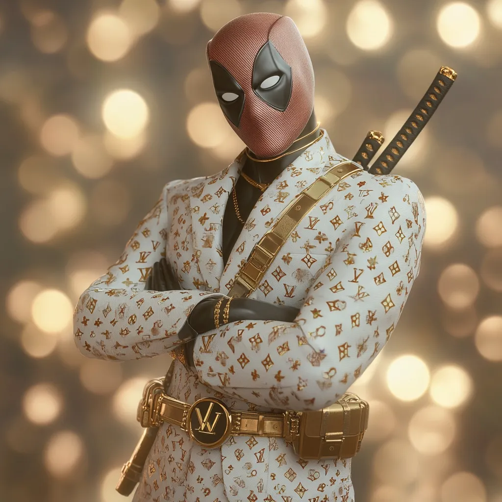 Here's a description of the image:

The image shows a stylized depiction of Deadpool, the Marvel Comics anti-hero. He is dressed in an extravagant, off-white suit adorned with a gold Louis Vuitton-esque monogram pattern.  Gold accessories, including a belt buckle,  a thick gold chain necklace, and bracelets, complement the luxurious outfit. He carries a pair of katana swords on his back, a contrast to his otherwise refined appearance.  His signature mask is a muted reddish-brown. The background is a blurred bokeh of warm golden lights.  The overall impression is one of high-fashion and ironic juxtaposition.