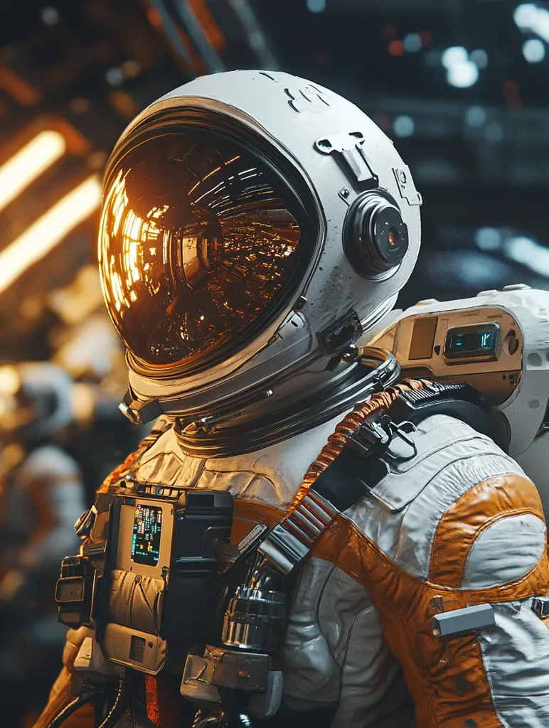 Close-up view of an astronaut's helmet and upper body. The helmet's visor reflects a warm, orange-toned interior space, possibly a spacecraft or station.  The suit is predominantly white with orange accents, showing wear and texture.  Various technological components are visible on the chest and shoulder, hinting at advanced equipment. The background is blurry but shows an industrial or technological environment. The overall impression is one of futuristic space exploration.