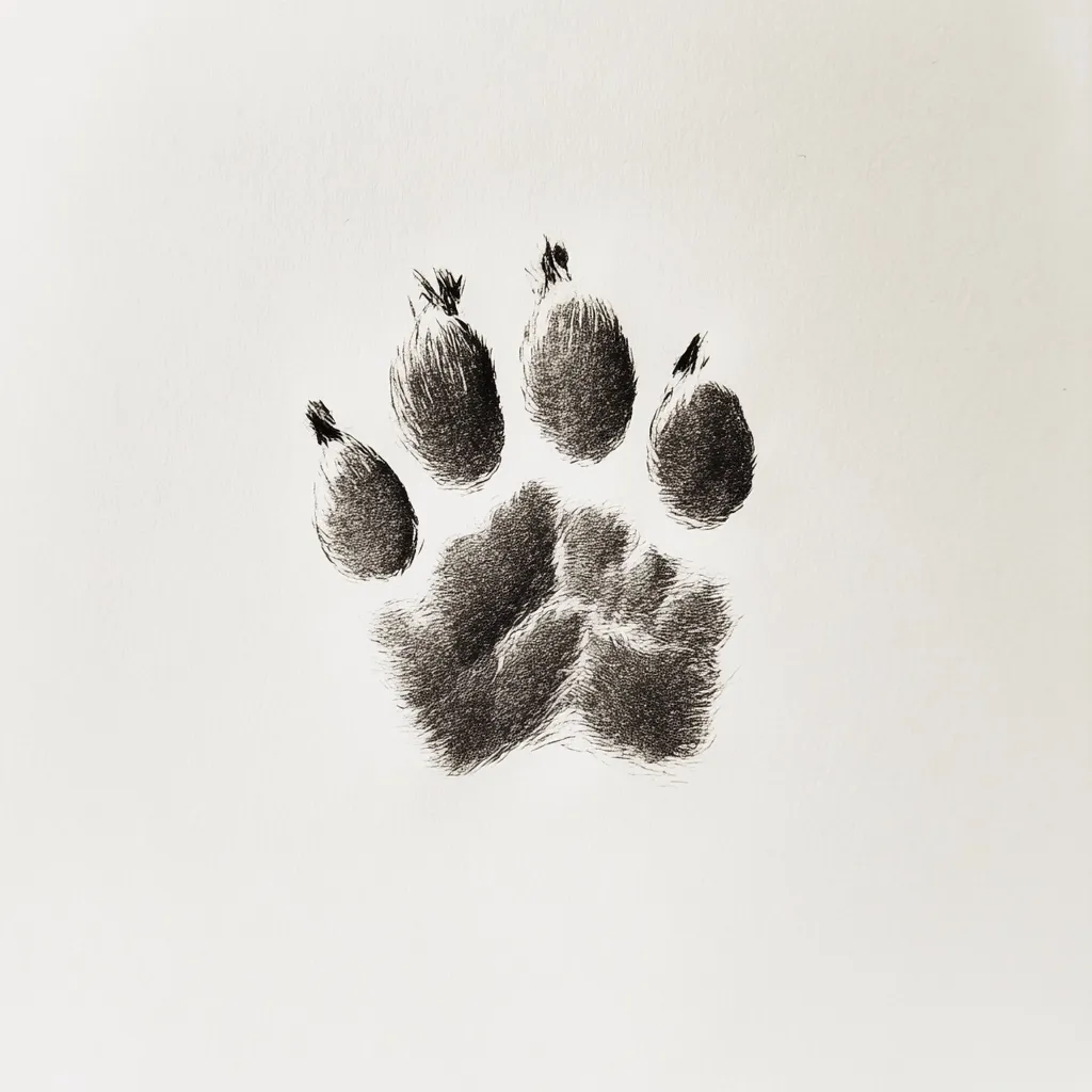The image shows a meticulously detailed drawing of a dog's paw print. Rendered in shades of gray, the artwork captures the texture of fur between the pads, giving a realistic impression of a paw imprint. The five distinct toes and the central pad are clearly defined, with the artist using shading to create a three-dimensional effect. The print sits centrally on a plain, off-white background. The overall style is minimalist, yet the fine detail makes the paw print the focal point.