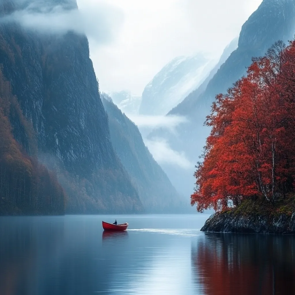 A serene landscape unfolds: a calm lake nestled between towering, mist-shrouded mountains.  A solitary red rowboat, carrying a lone figure, glides across the still water.  On the right, a vibrant crimson tree stands in stark contrast to the cool blues of the mountains and lake, creating a picturesque autumnal scene.  The overall atmosphere is one of peaceful solitude and natural beauty.