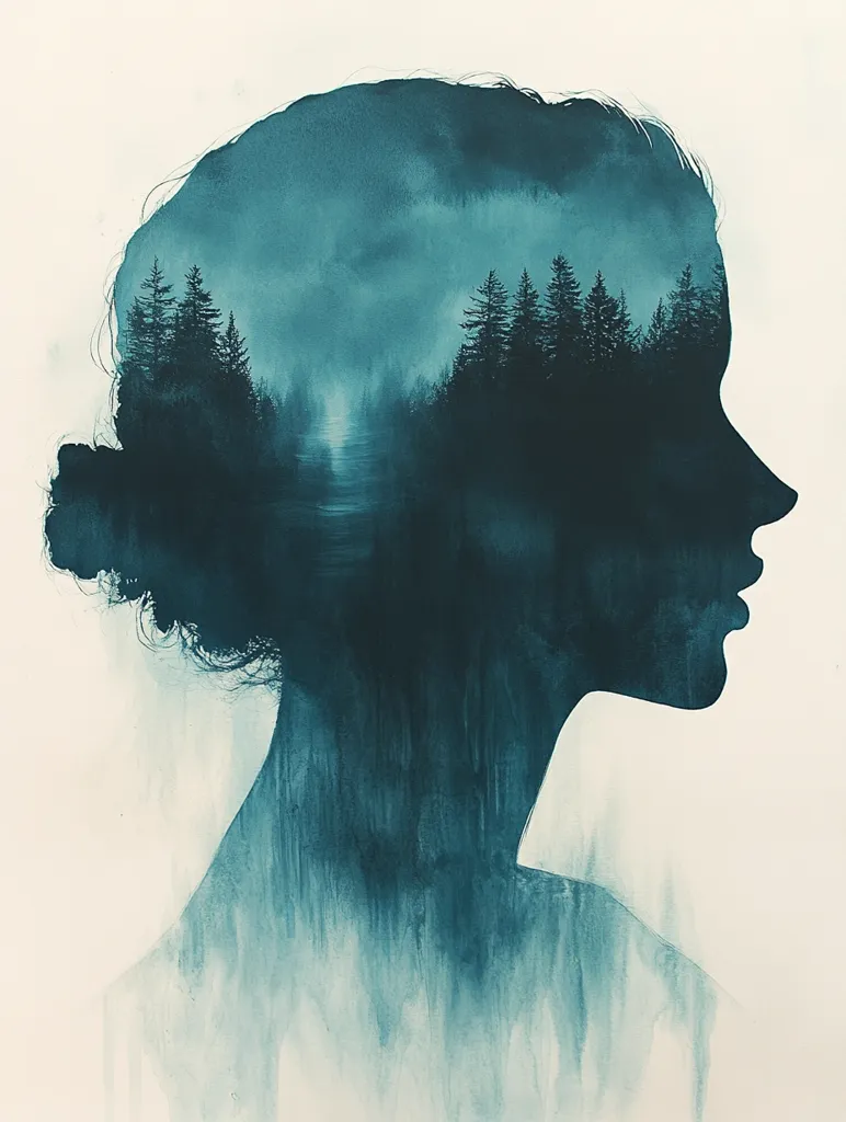 Here's a description of the image:

The watercolor painting depicts a woman's profile in a teal silhouette.  Her hair is styled in an updo.  Within the silhouette, a serene landscape unfolds: a misty forest with dark evergreens bordering a calm, still body of water. The overall effect is dreamlike and ethereal, blending the figure with the nature scene in a harmonious and contemplative way. The color palette is predominantly various shades of teal and blue-green, creating a mood of quiet mystery and introspection.