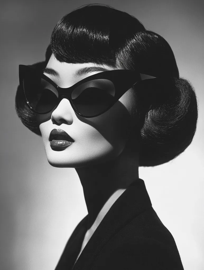 Here's a description of the image:

A black and white, close-up portrait of a woman with a sophisticated, vintage style. She is wearing cat-eye sunglasses and her dark hair is styled in a short, elegant updo with soft waves framing her face.  The lighting is dramatic, creating strong shadows and highlights on her face and neck, emphasizing her sharp features and the contours of her dark jacket. The overall mood is mysterious and glamorous, evoking a classic Hollywood aesthetic.