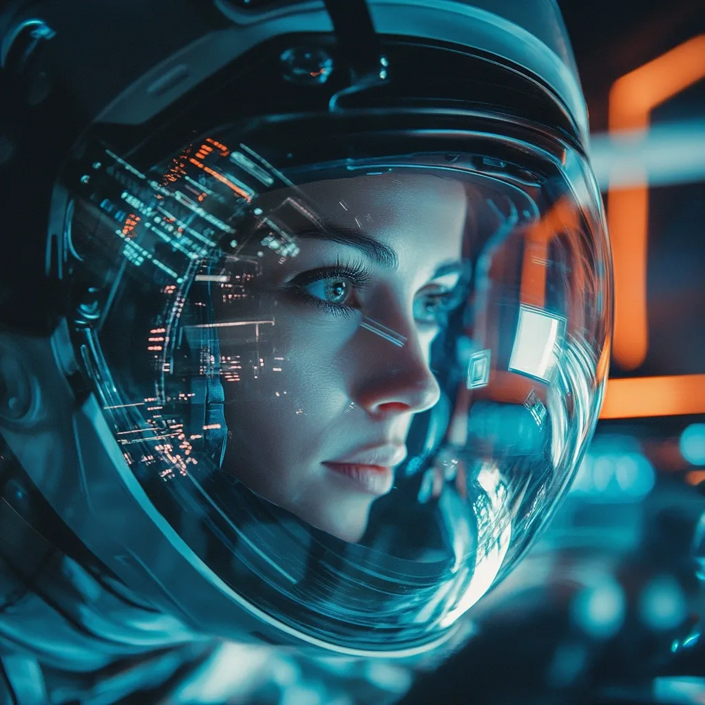 Close-up of a woman's face inside a futuristic helmet, her gaze directed to the side.  The visor reflects a vibrant, digital cityscape, blending reality and technology.  Cool blues and oranges create a striking contrast in the lighting, emphasizing the sci-fi aesthetic. Her expression is serious and contemplative, hinting at a technological or exploratory mission. The image's overall mood is one of advanced technology and a journey into the unknown.