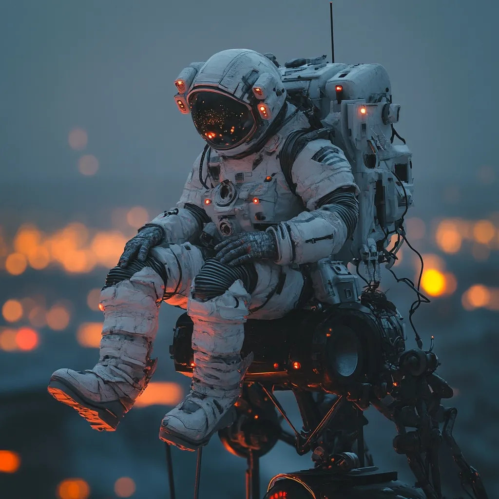 A lone astronaut, clad in a weathered white spacesuit with glowing orange accents, sits perched atop a complex, dark mechanical device.  The suit shows signs of wear, adding to a sense of solitude and adventure.  The background features a blurred cityscape illuminated by warm, orange lights, creating a stark contrast against the cool tones of the astronaut and his machine. The overall atmosphere is one of contemplative isolation in a futuristic setting.