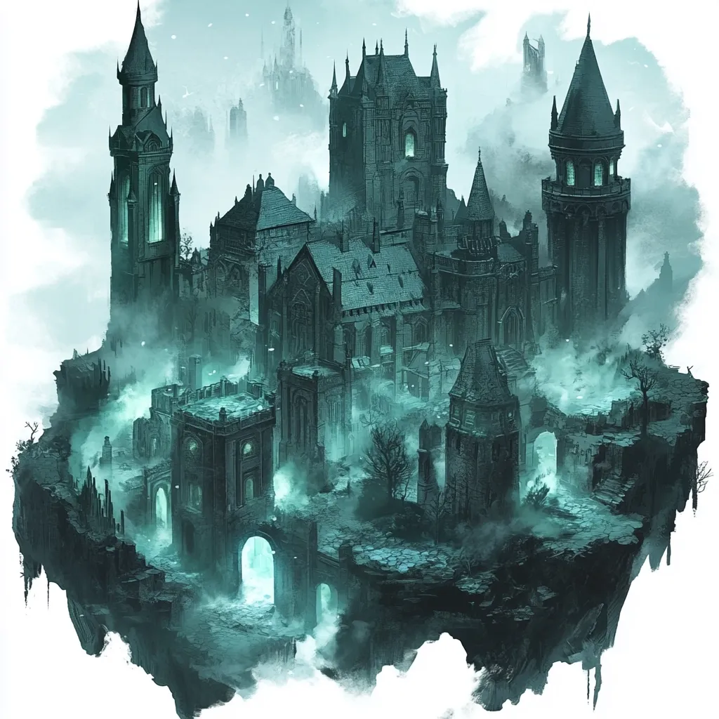 A gothic castle, shrouded in mist, floats serenely in the air.  Its dark stone structures, featuring numerous towers and arched windows, suggest age and perhaps decay.  The architecture is intricate, with details hinting at a once-grand, now somewhat dilapidated, fortress. The island-like base is rocky and uneven, further adding to the ethereal and mysterious atmosphere.  A sense of solitude and forgotten grandeur pervades the image.