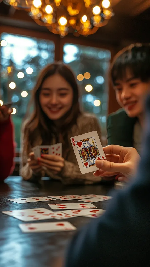 A group of young adults are playing cards around a dark wooden table.  The warm light from a chandelier above and the out-of-focus background suggest a cozy, intimate setting. One person holds an eight of hearts, while others have cards in their hands.  The focus is slightly blurred, emphasizing the atmosphere of casual fun and friendly interaction. The scene evokes a feeling of relaxed enjoyment and shared company.