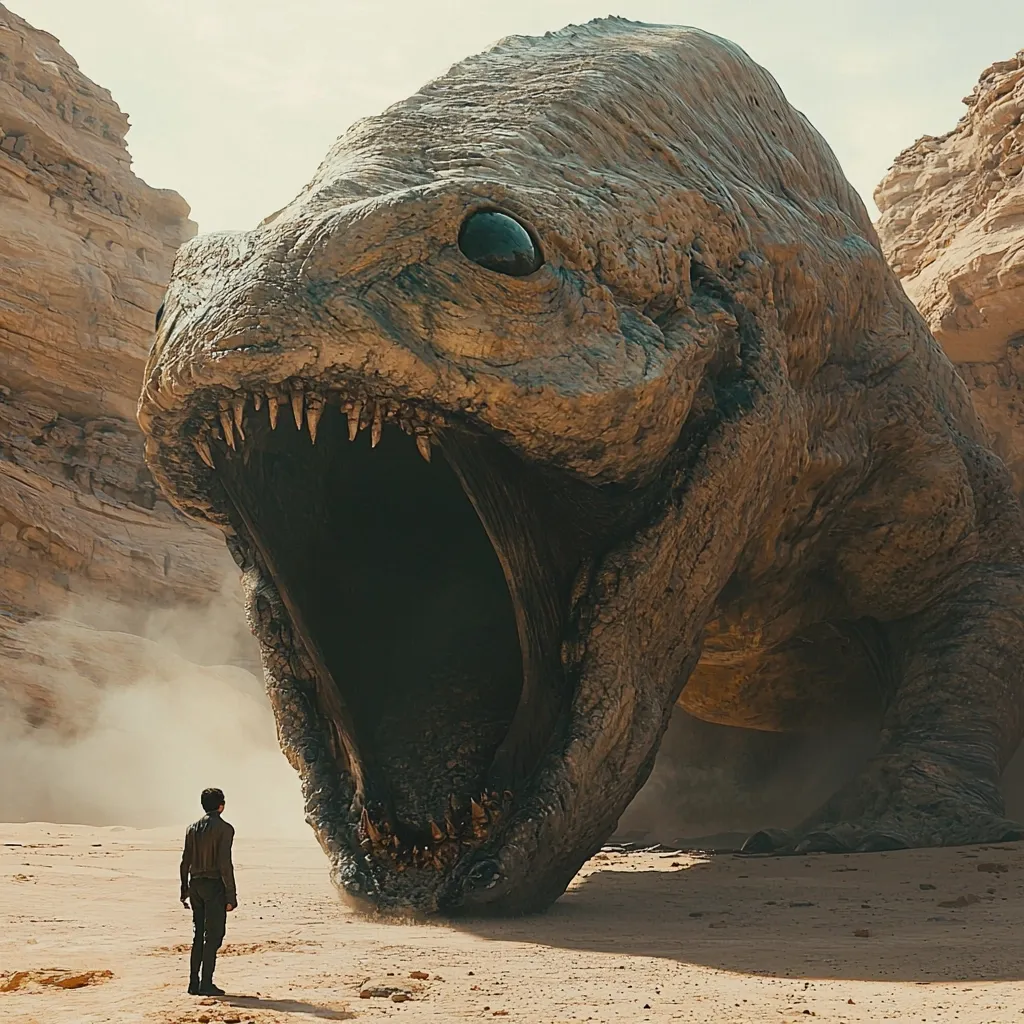 A lone figure stands in a desolate, sandy landscape, dwarfed by an immense, monstrous creature.  The creature resembles a colossal reptile, its massive jaws agape, revealing sharp teeth. Its stony skin blends with the arid environment. Dust swirls around the base of the beast, enhancing the sense of scale and the desolate setting.  The scene evokes feelings of awe, danger, and the insignificance of humanity in the face of overwhelming natural power.