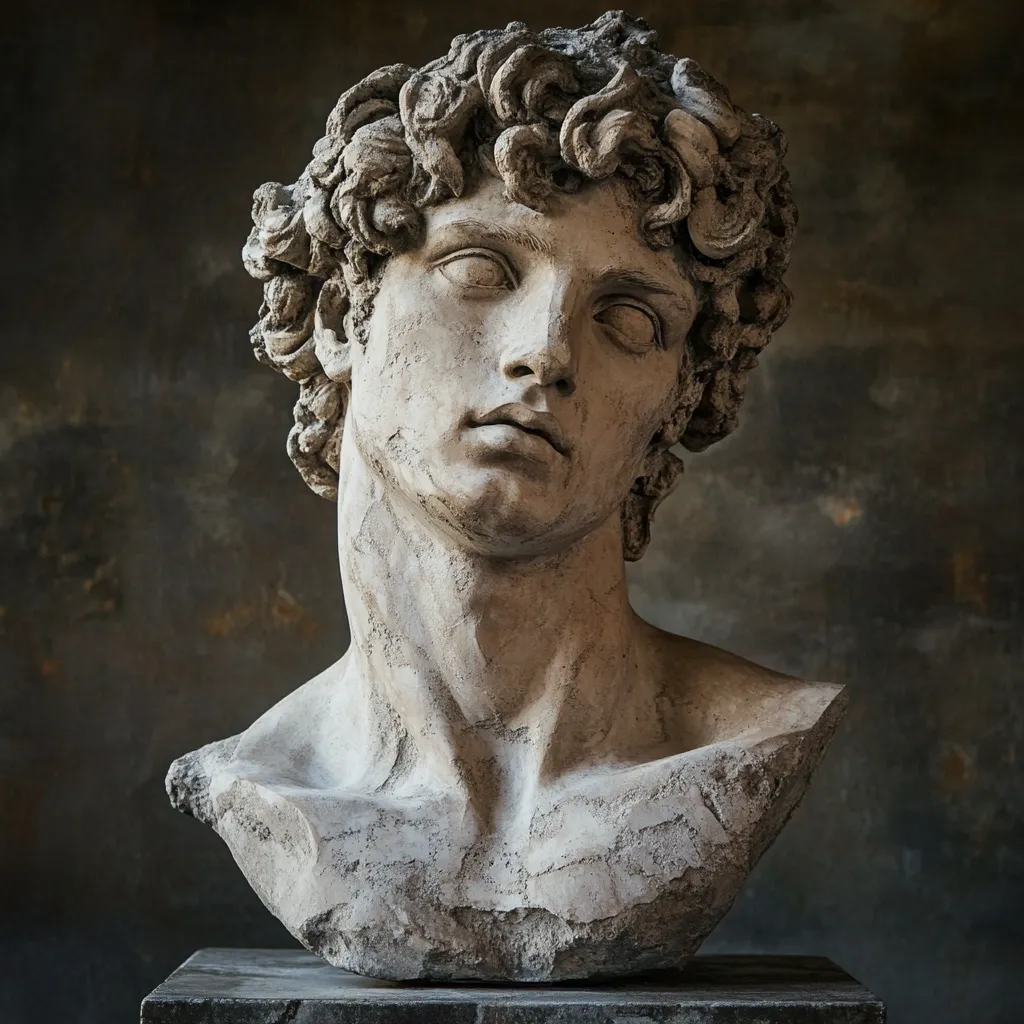 Here's a description of the image:

The image shows a classical-style bust sculpture of a young man.  The sculpture is crafted from light-grey stone, exhibiting a weathered texture.  His curly hair is meticulously detailed, as are his facial features, which convey a serene yet pensive expression. The bust is presented on a dark, possibly stone, base against a muted, textured background. The overall lighting highlights the sculpture's form and texture, creating a sense of timeless artistry and quiet dignity.